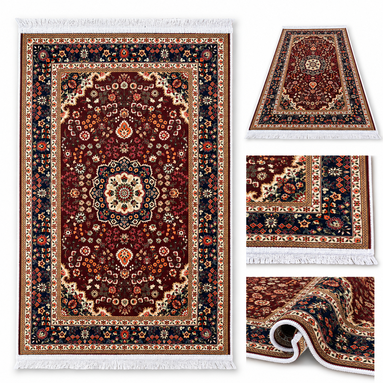 AM-P01 Burgundy Persian pattern prayer mart with floral medallion and fringe