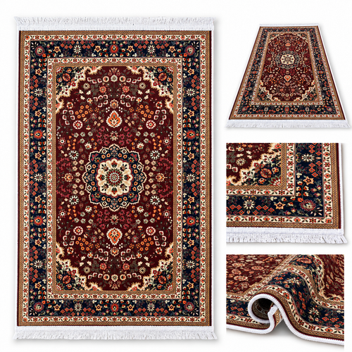 AM-P01 Burgundy Persian pattern prayer mart with floral medallion and fringe