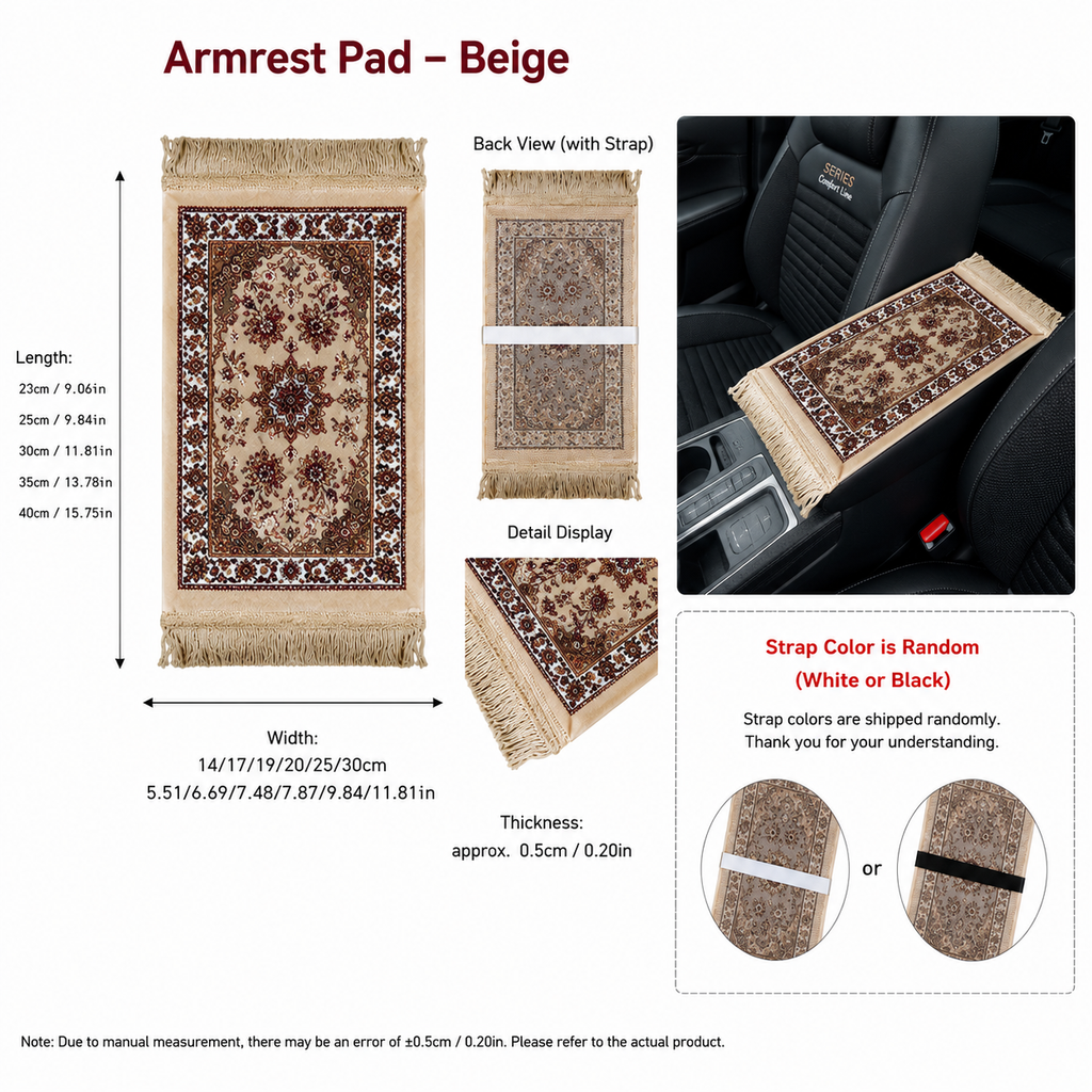 Mini prayer mat-inspired car armrest pad in Beige with size guide and car view