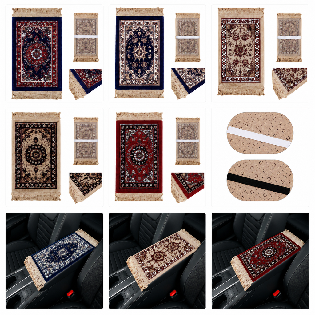 Mini prayer mat-inspired car armrest pad color options and installed car views