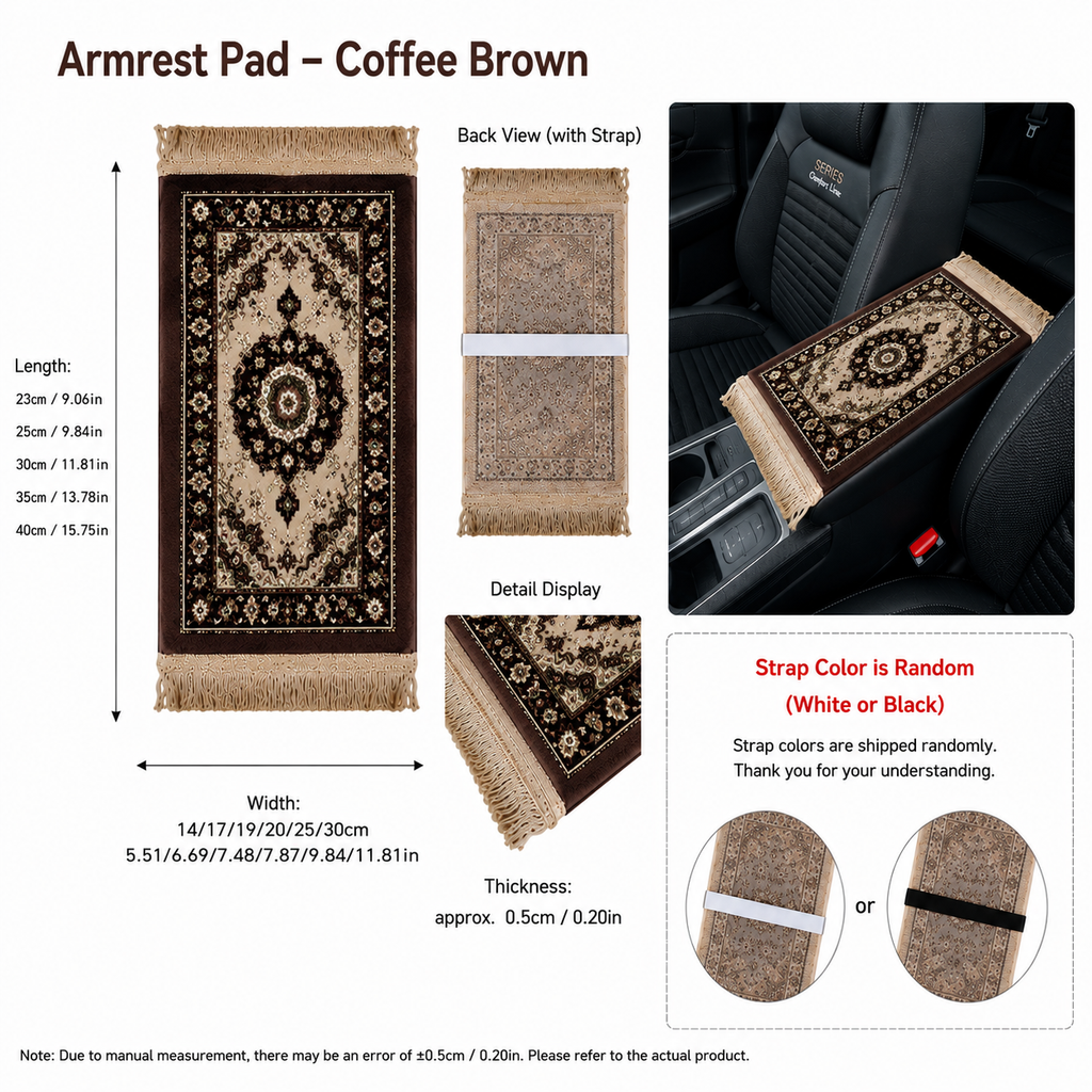 Mini prayer mat-inspired car armrest pad in Coffee Brown with size guide and car view