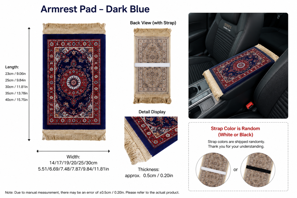Mini prayer mat-inspired car armrest pad in Dark Blue with size guide and car view