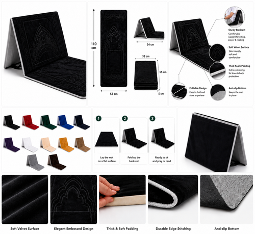 Black foldable backrest prayer mart feature and size guide