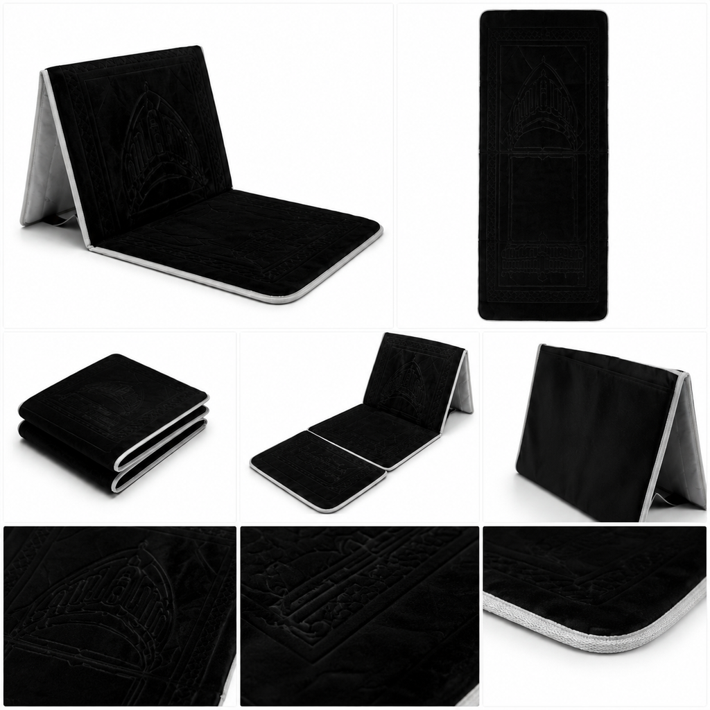 Black foldable backrest prayer mart with velvet embossed mihrab design