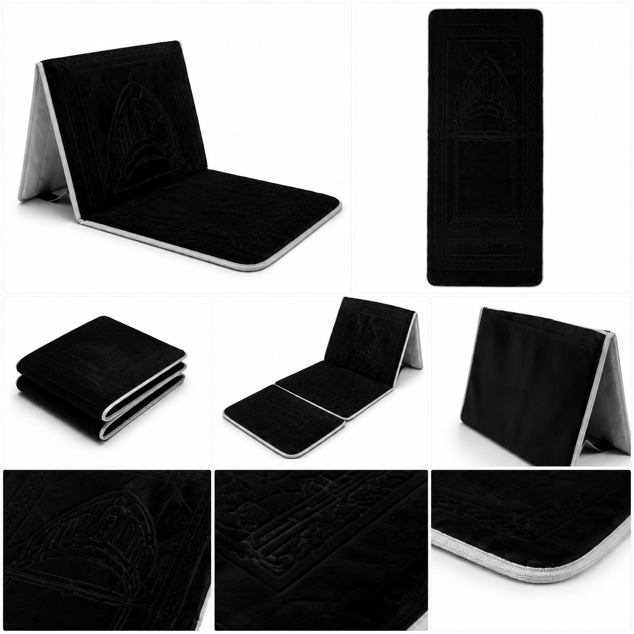 Black foldable backrest prayer mart with velvet embossed mihrab design