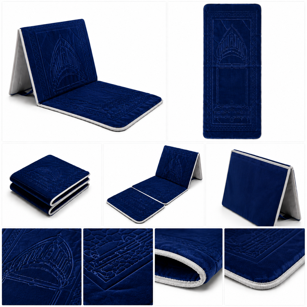 Royal Blue foldable backrest prayer mart with velvet embossed mihrab design