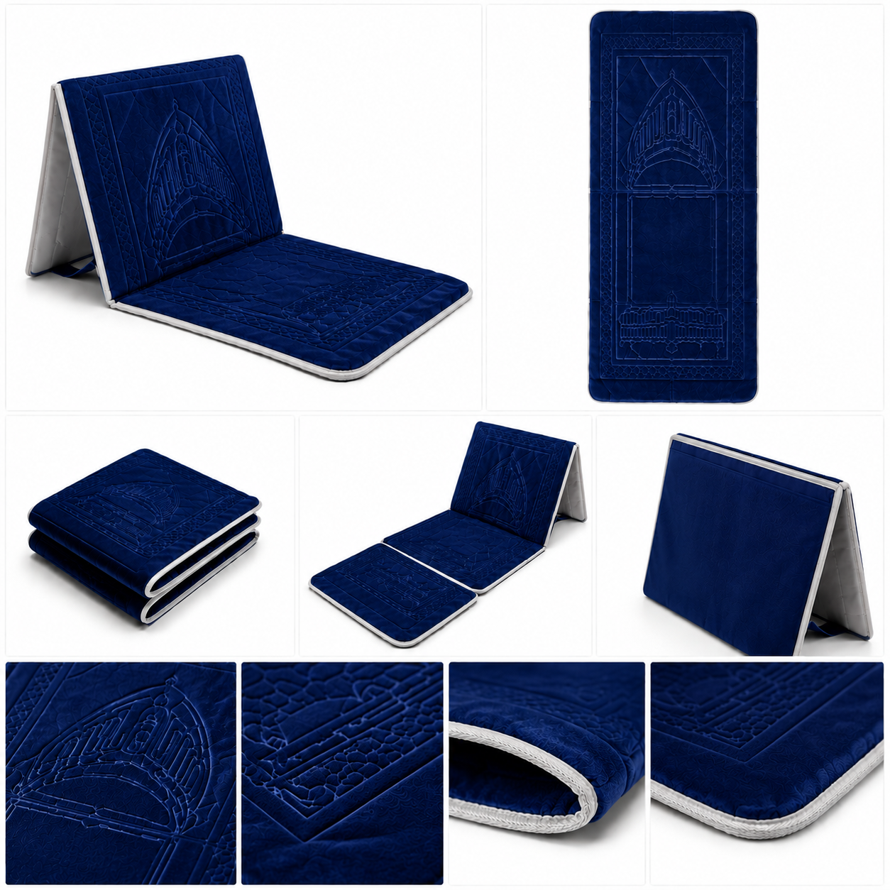 Royal Blue foldable backrest prayer mart with velvet embossed mihrab design