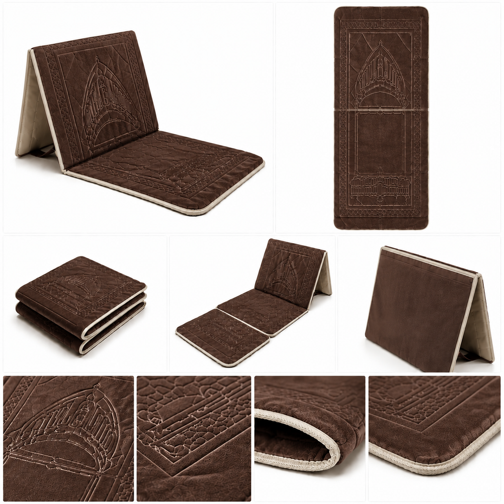 Brown foldable backrest prayer mart with velvet embossed mihrab design