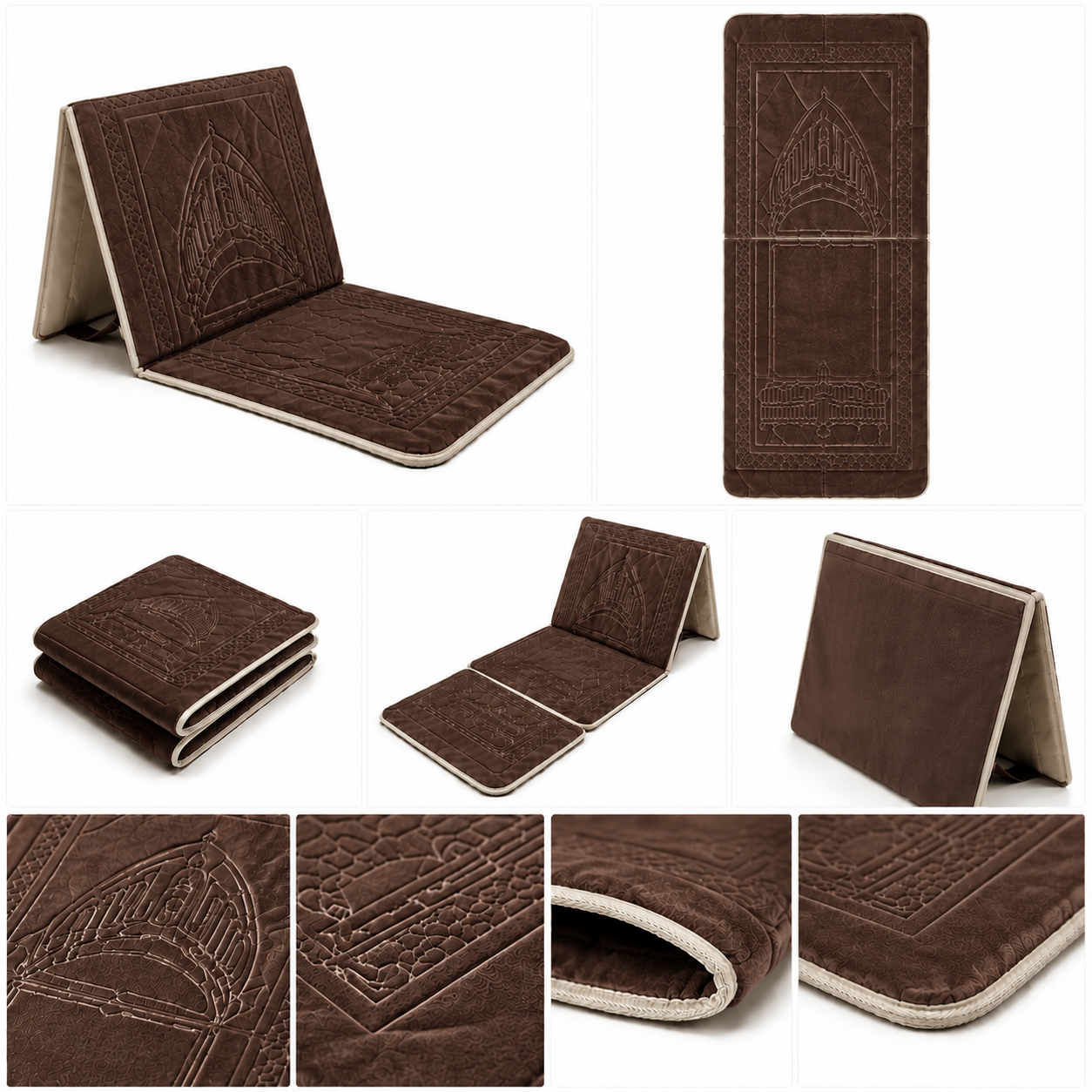 Brown foldable backrest prayer mart with velvet embossed mihrab design