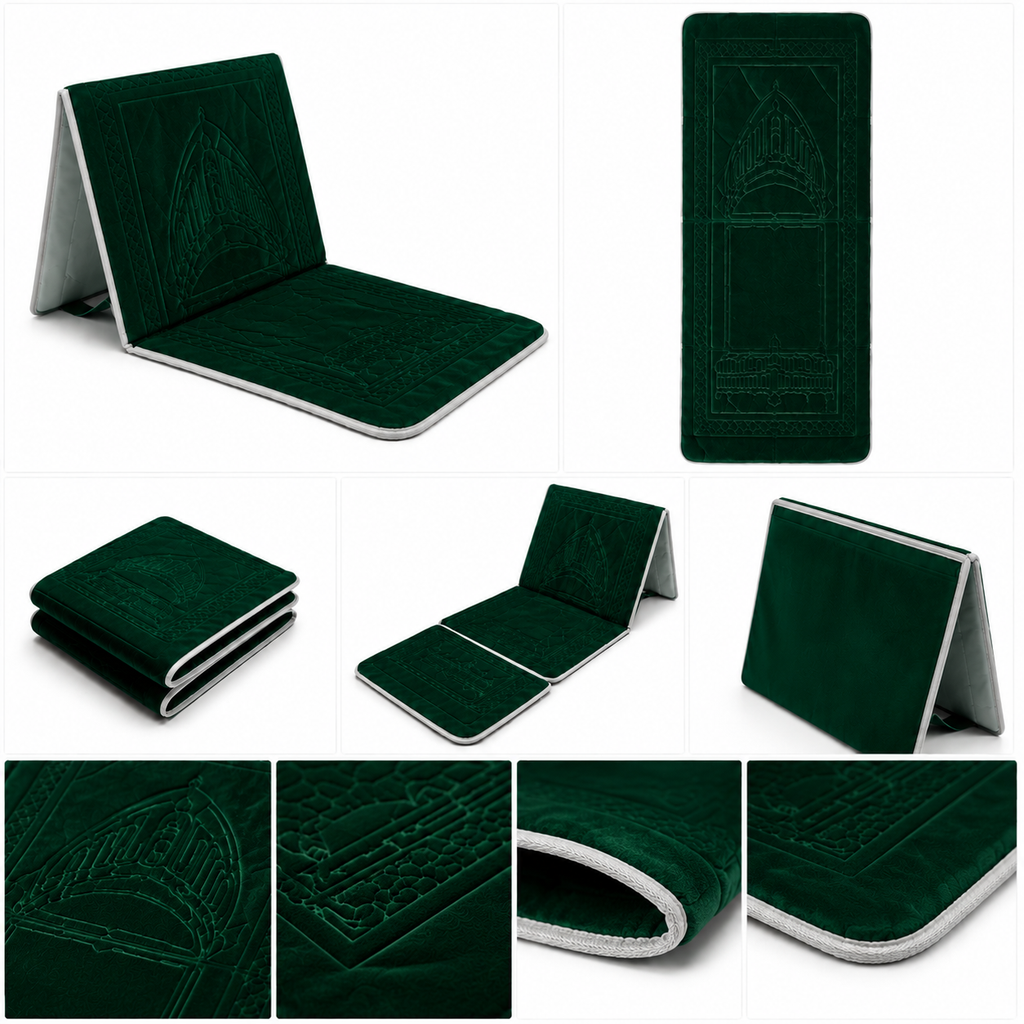Emerald Green foldable backrest prayer mart with velvet embossed mihrab design
