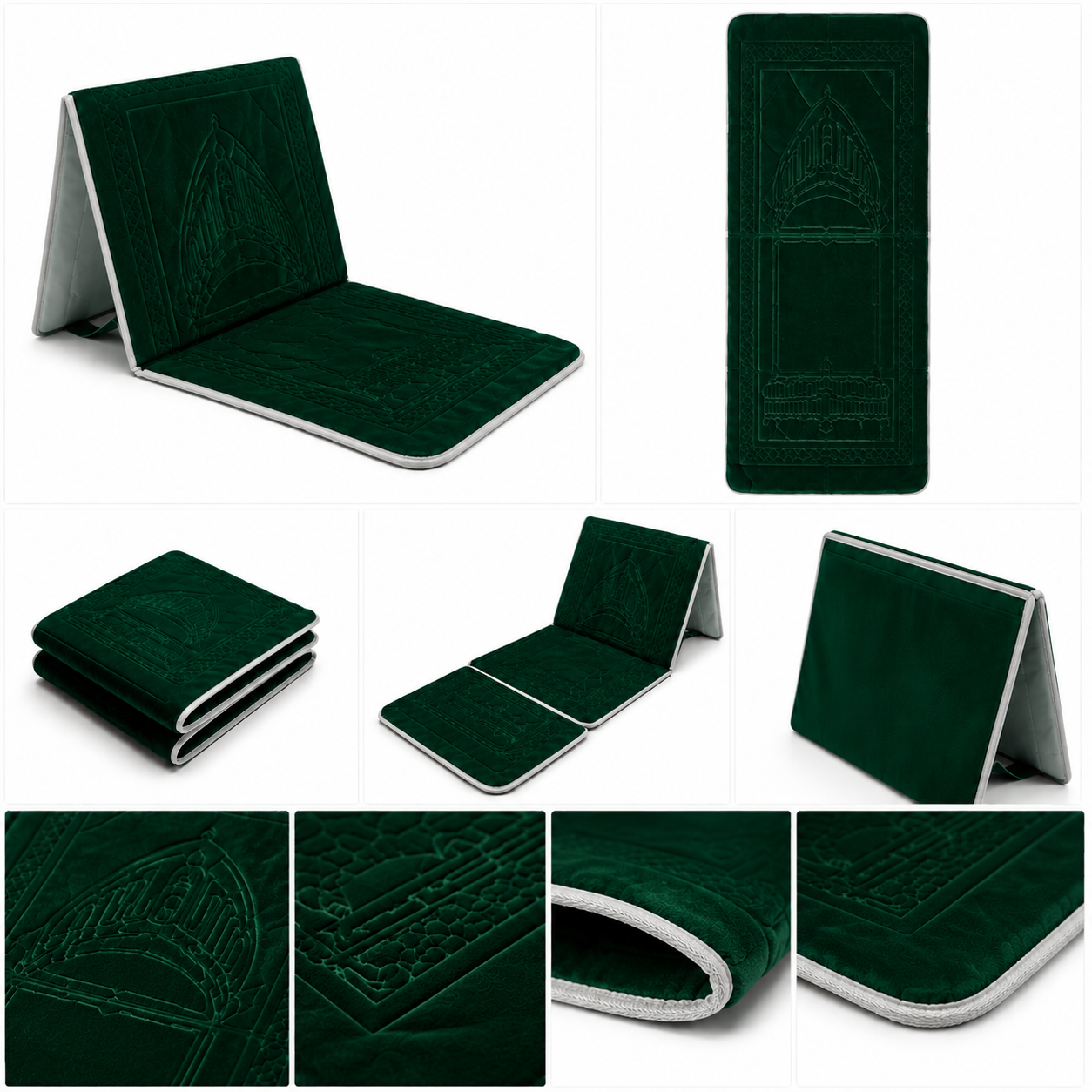 Emerald Green foldable backrest prayer mart with velvet embossed mihrab design