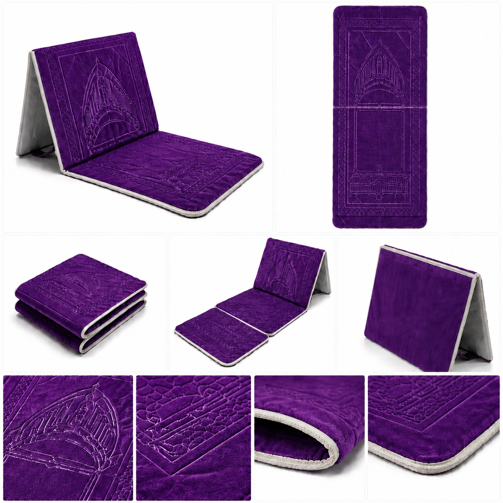 Purple foldable backrest prayer mart with velvet embossed mihrab design