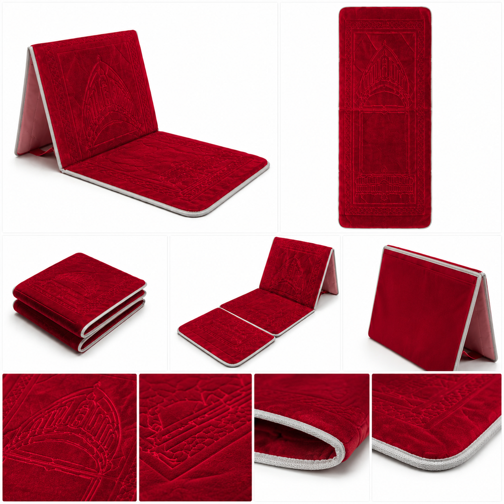 Red foldable backrest prayer mart with velvet embossed mihrab design