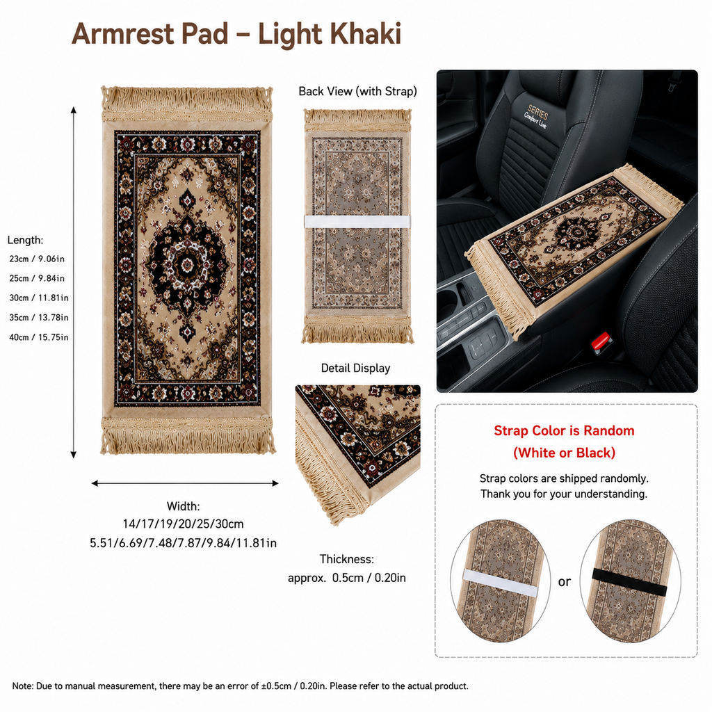 Mini prayer mat-inspired car armrest pad in Light Khaki with size guide and car view