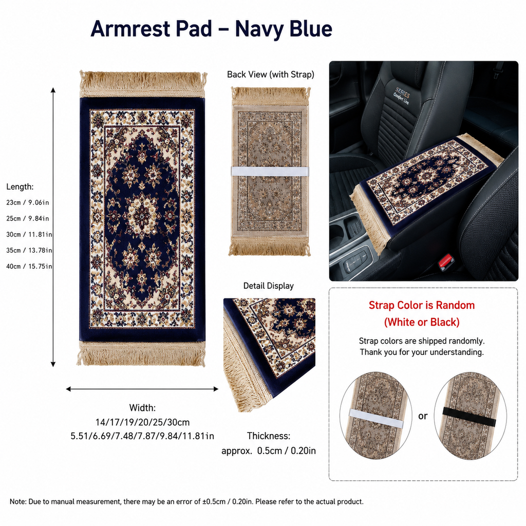 Mini prayer mat-inspired car armrest pad in Navy Blue with size guide and car view