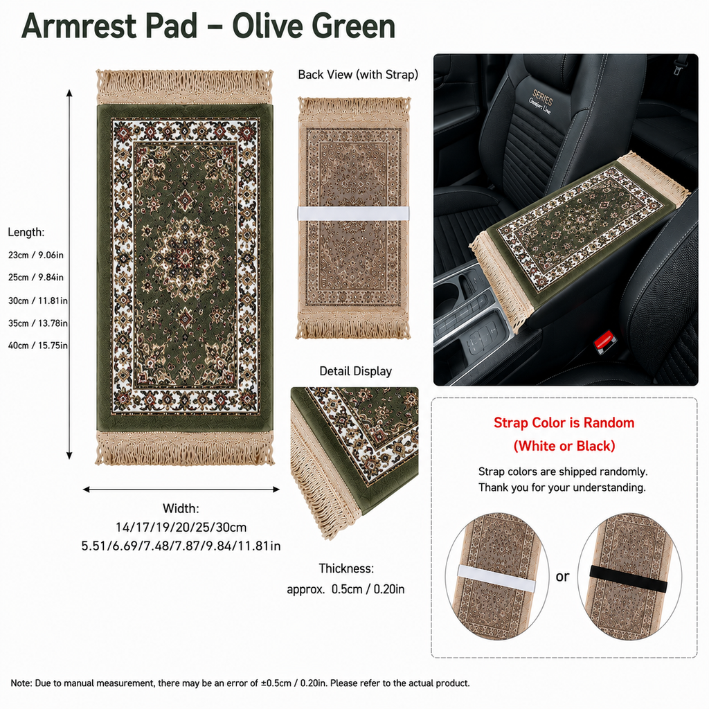 Mini prayer mat-inspired car armrest pad in Olive Green with size guide and car view