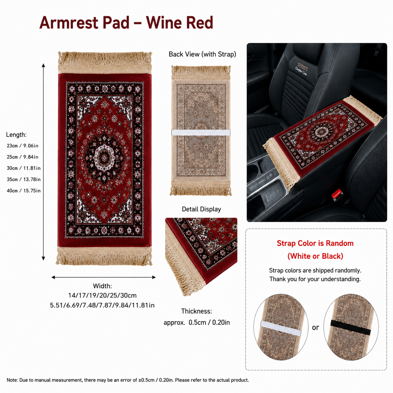 Mini prayer mat-inspired car armrest pad in Wine Red with size guide and car view