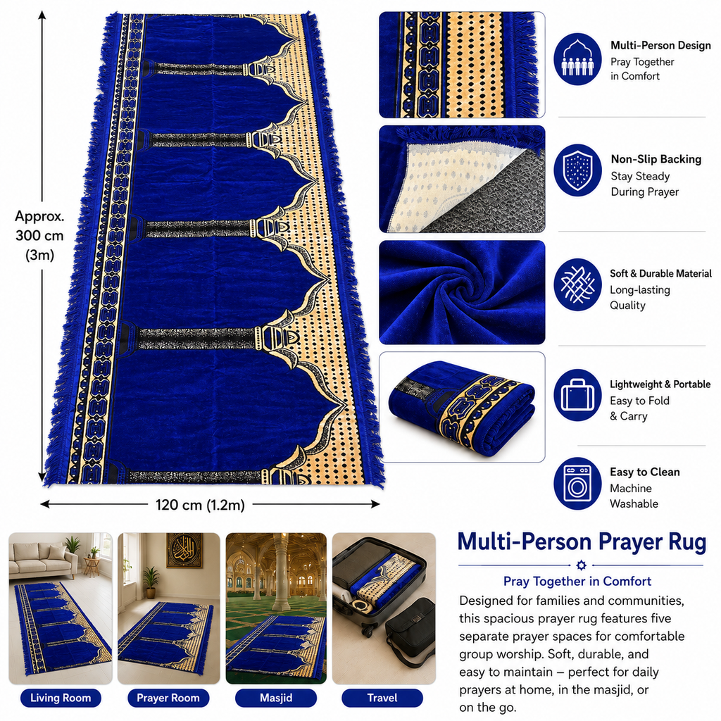 Blue multi-person prayer rug with size guide and feature details