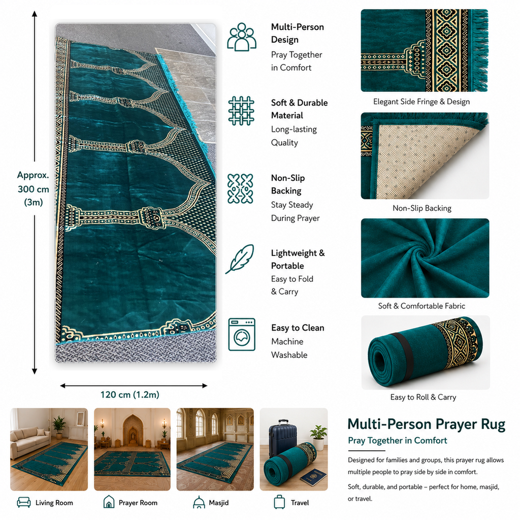 Green multi-person prayer rug with size guide and feature details