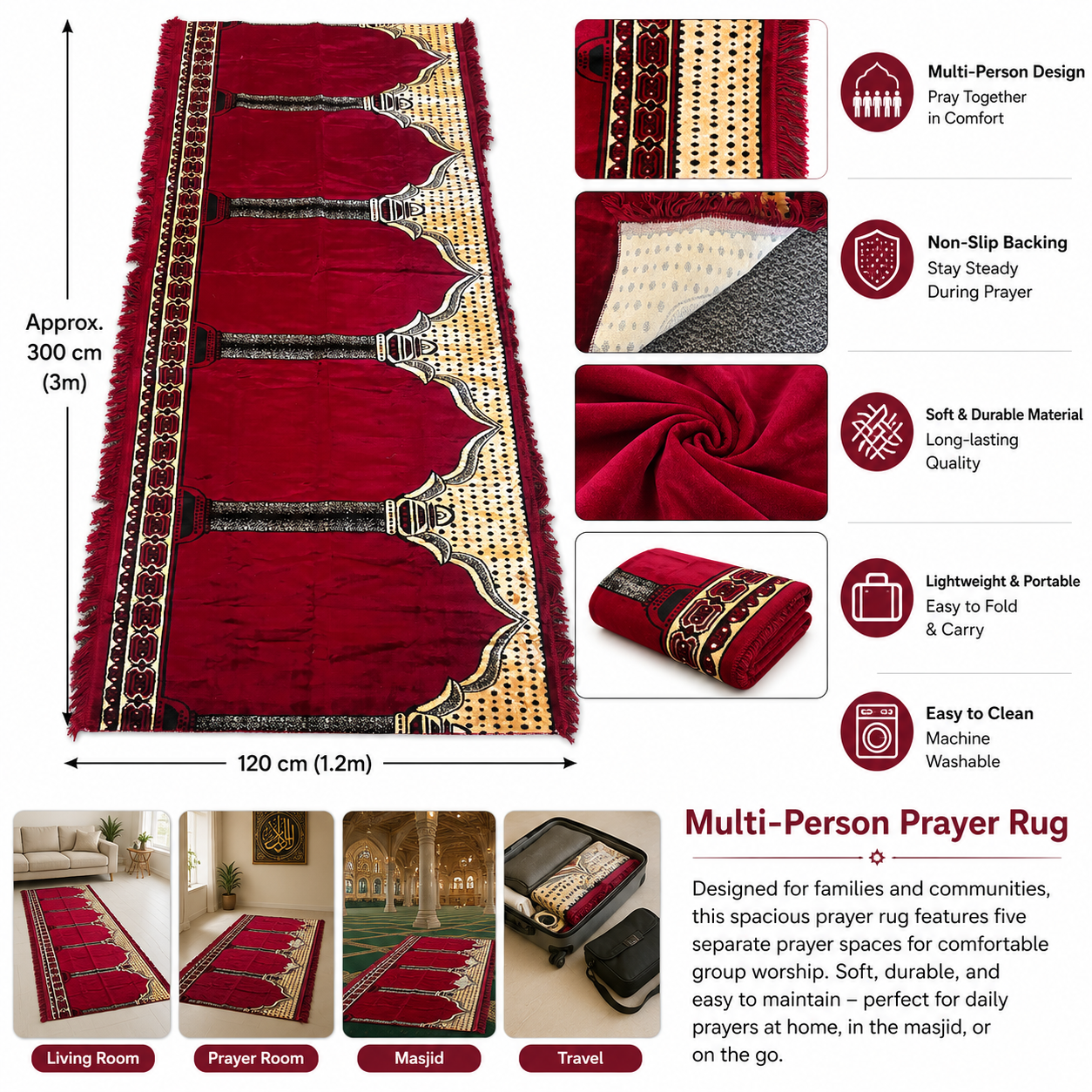 Red multi-person prayer rug with size guide and feature details