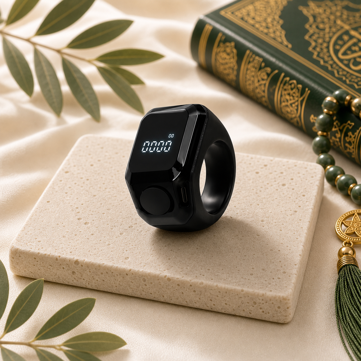 Black Smart Tasbih Ring Counter with illuminated digital display