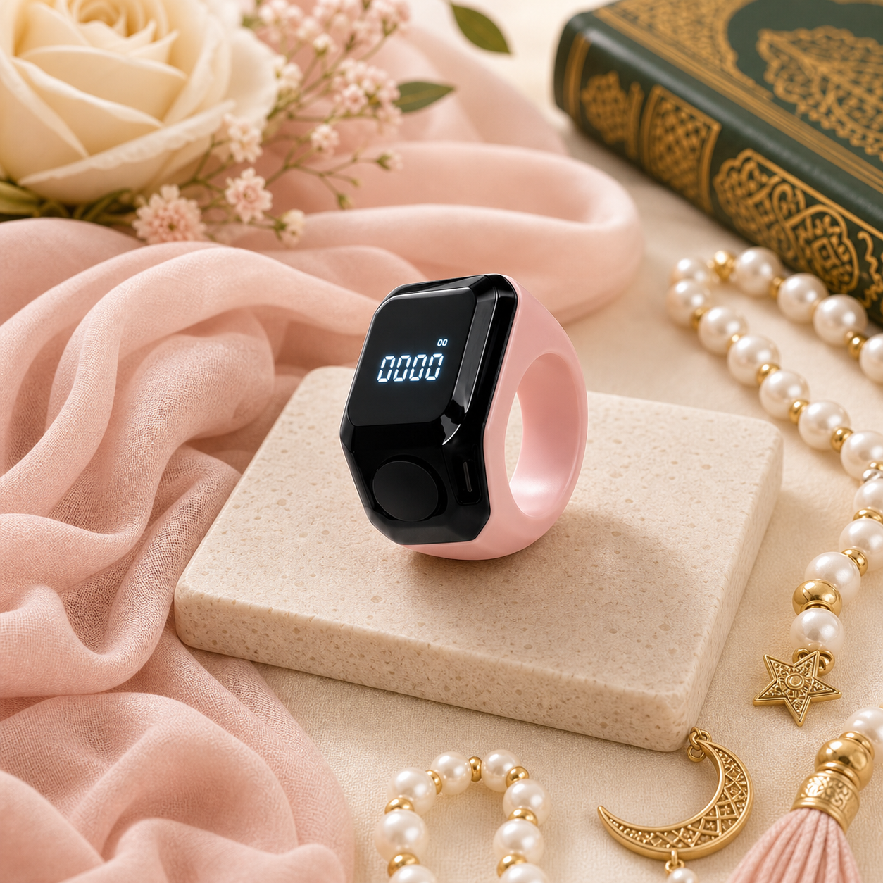 Blush Pink Smart Tasbih Ring Counter with feminine Muslim lifestyle elements