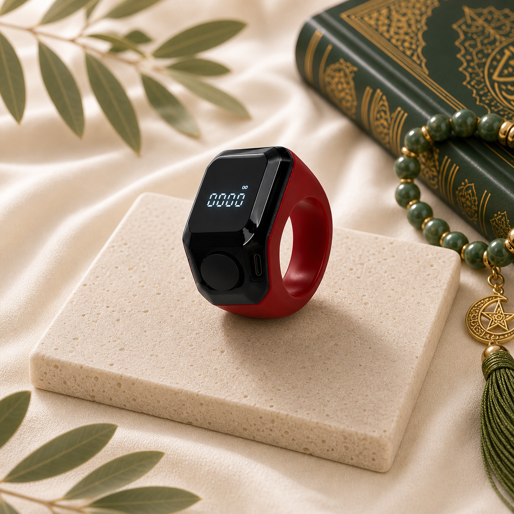 Deep Red Smart Tasbih Ring Counter with illuminated digital display
