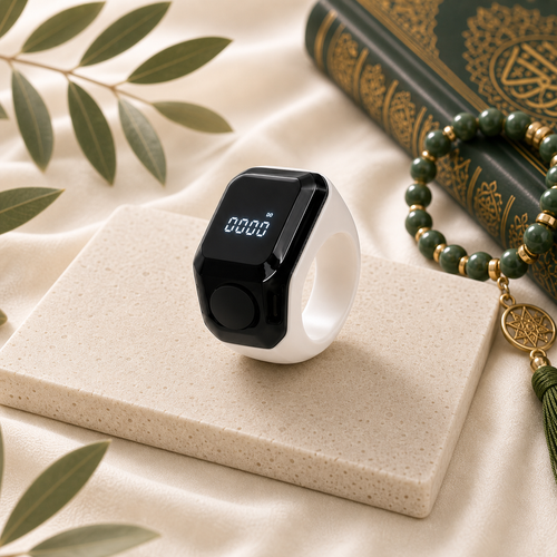 Ivory White Smart Tasbih Ring Counter with illuminated digital display