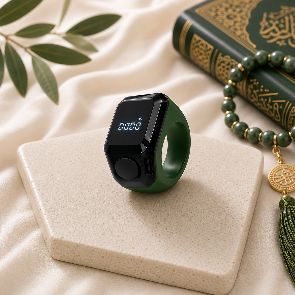 Milk Green Smart Tasbih Ring Counter with illuminated digital display
