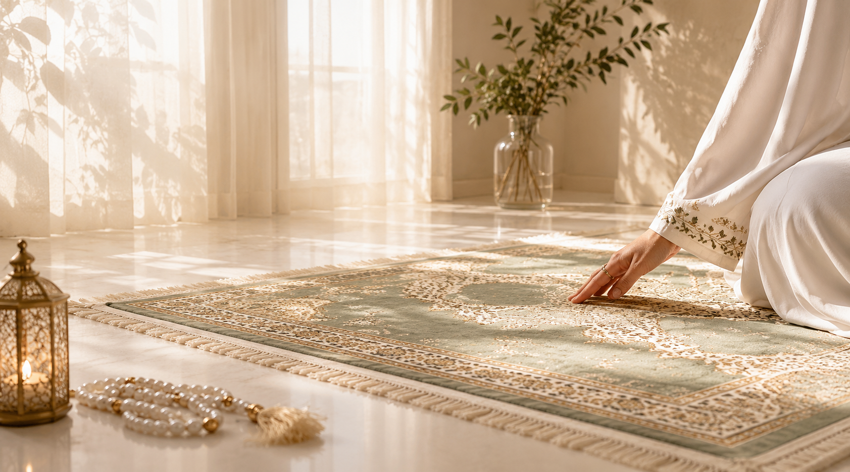 Sunlit sage prayer mat with tasbih and lantern