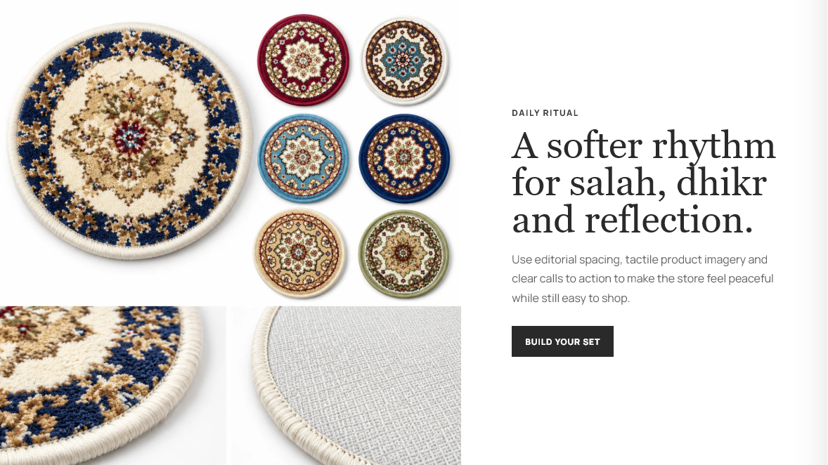 Round prayer mat details arranged as a daily ritual product collage