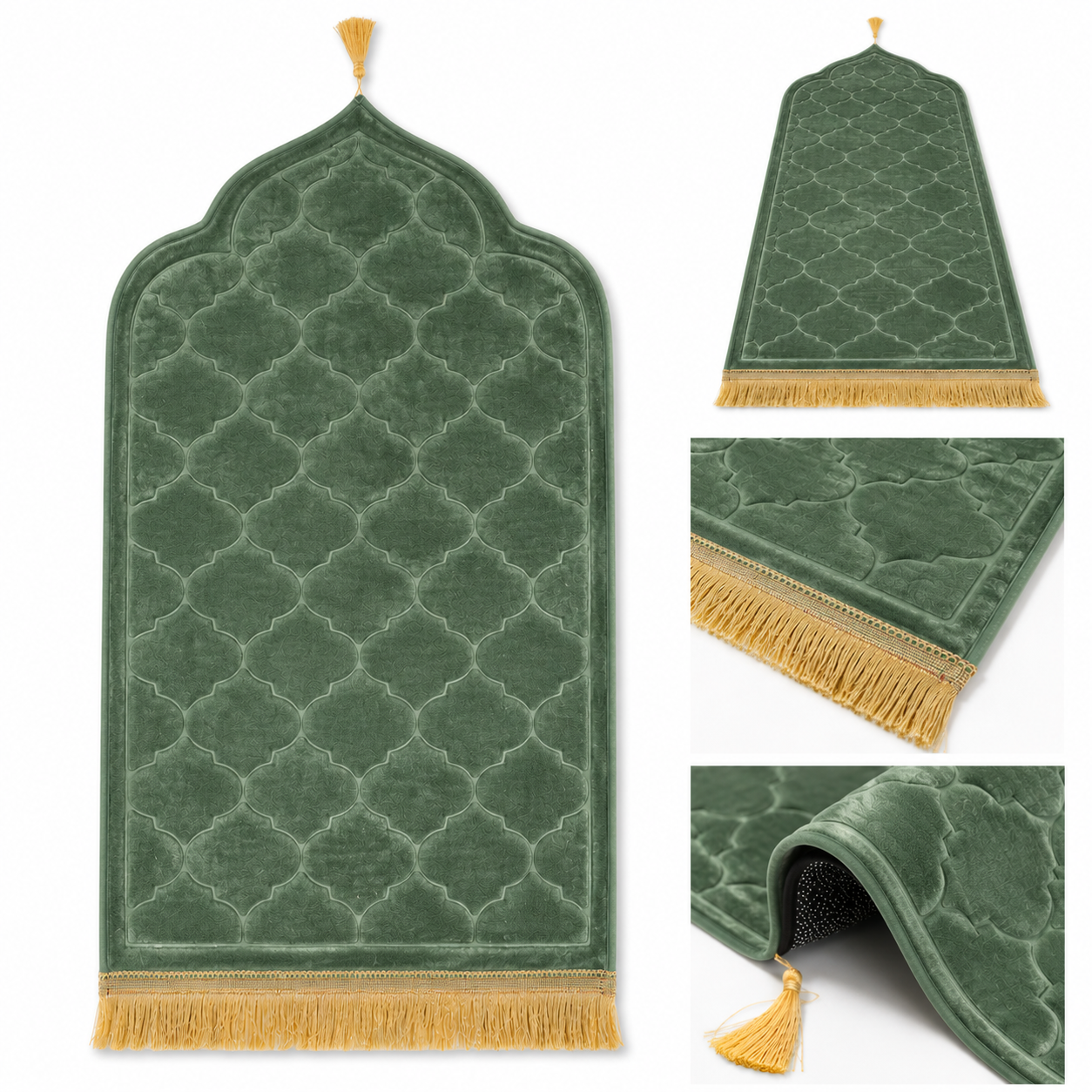 Green velvet prayer mat with detail views