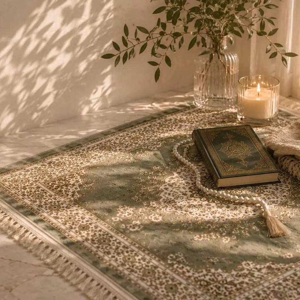 Styled prayer mat with Quran and tasbih