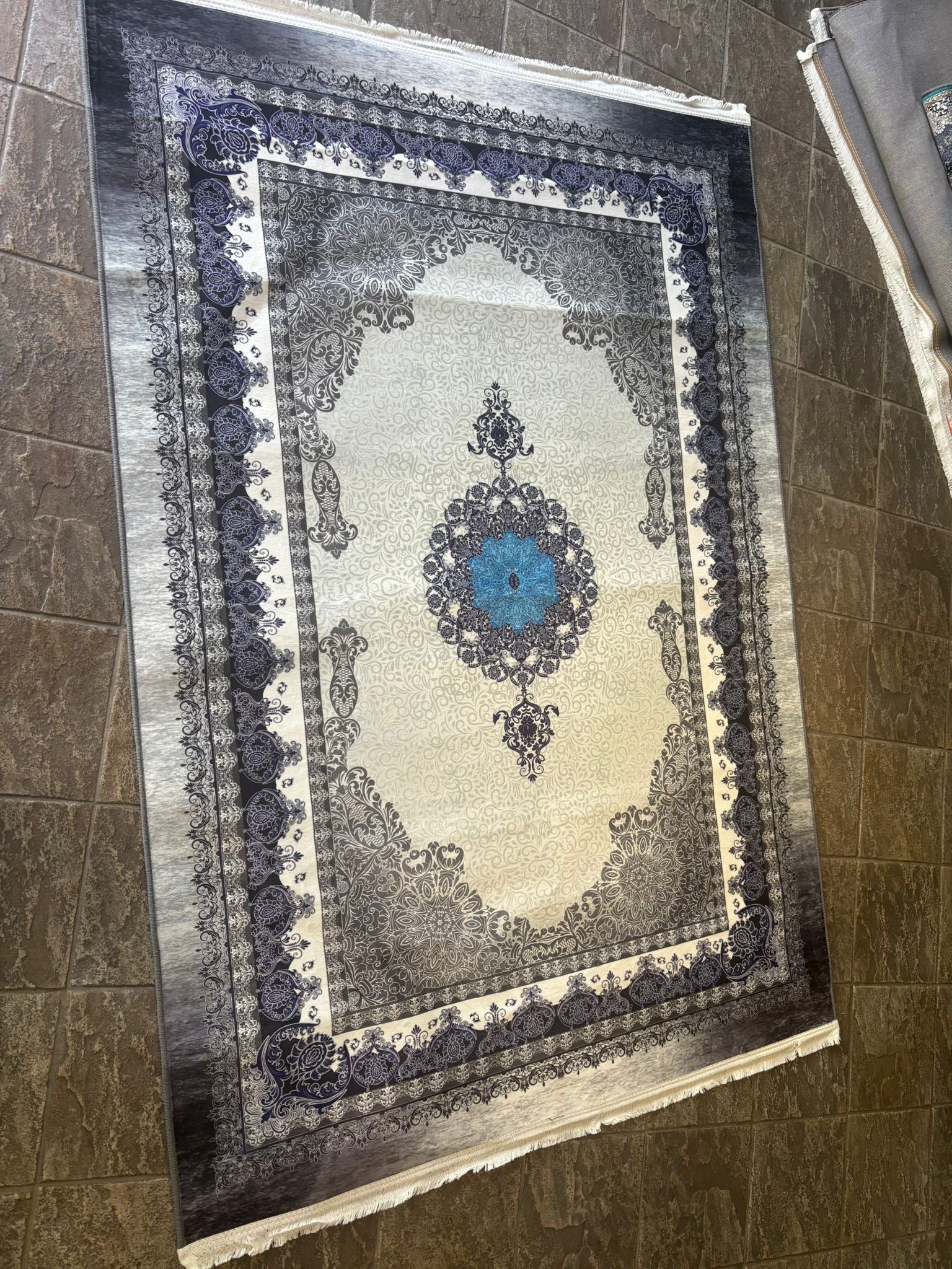Cream and blue Persian prayer rug from current stock